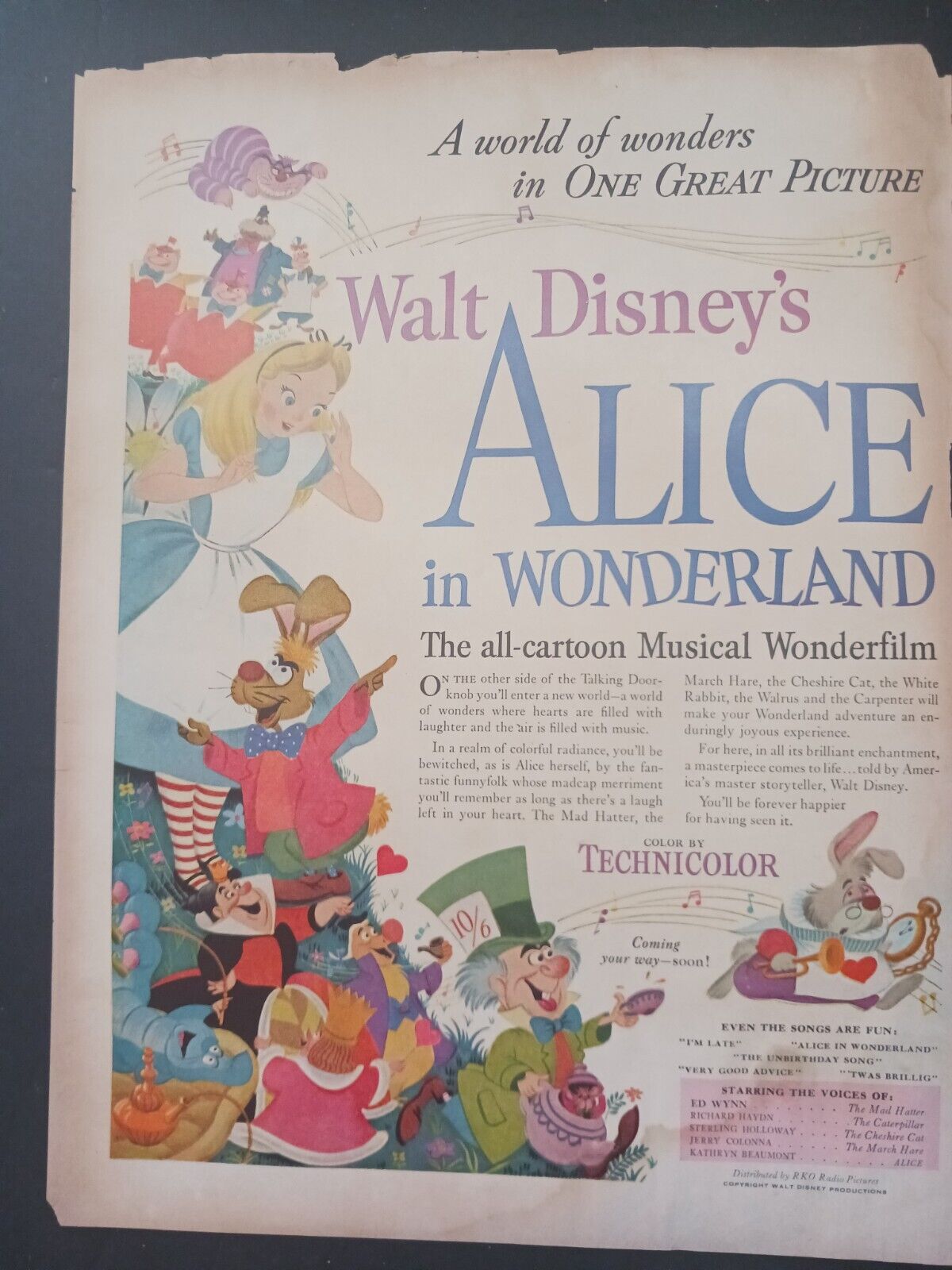 Walt Disney\'s Alice In Wonderland Advertisement  11 x 14