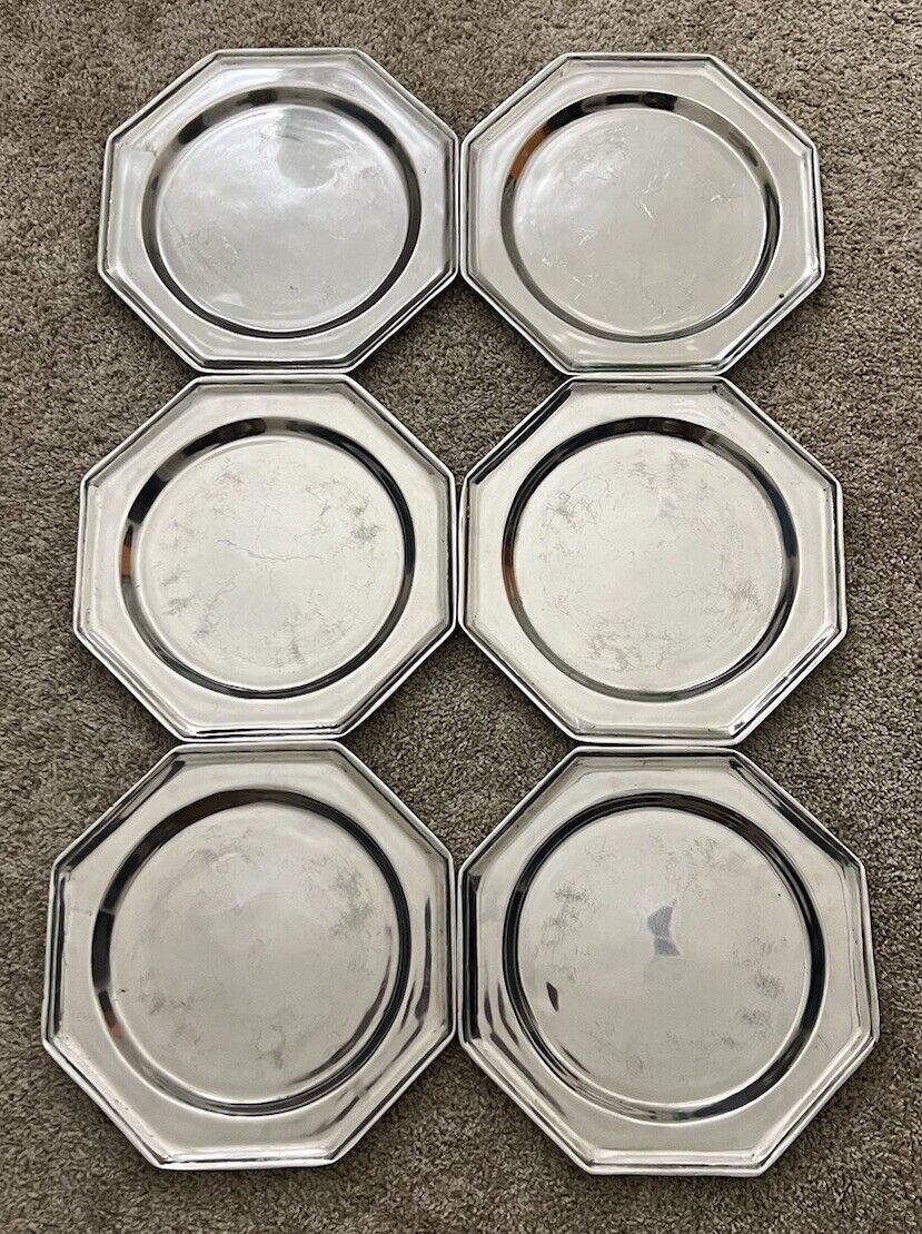 Set Of 6 VINTAGE Pewter Mexico Glossy Large Plates  12” X 12” - Retro Style Used