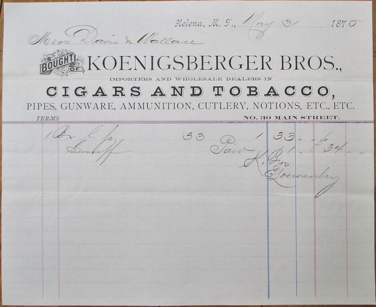 Helena, MT 1875 Letterhead, Cigar Tobacco Pipes Ammunition, Montana Territory