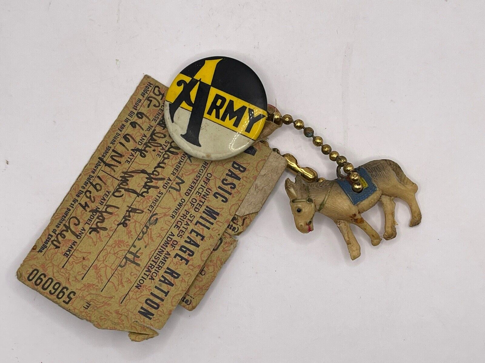 Vtg 1940s-50s US Army Pin W/ Donkey Keychain & Gas Rations WW2 Era 