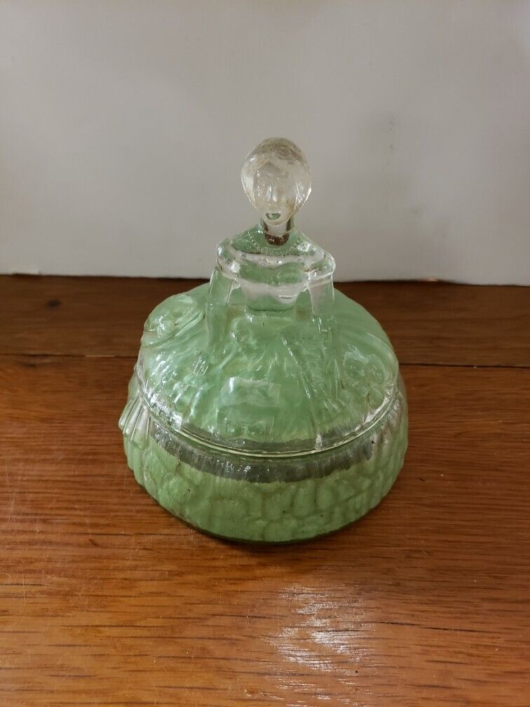 1920\'s Green/Clear Glass Southern Belle Dresser Doll Powder Box
