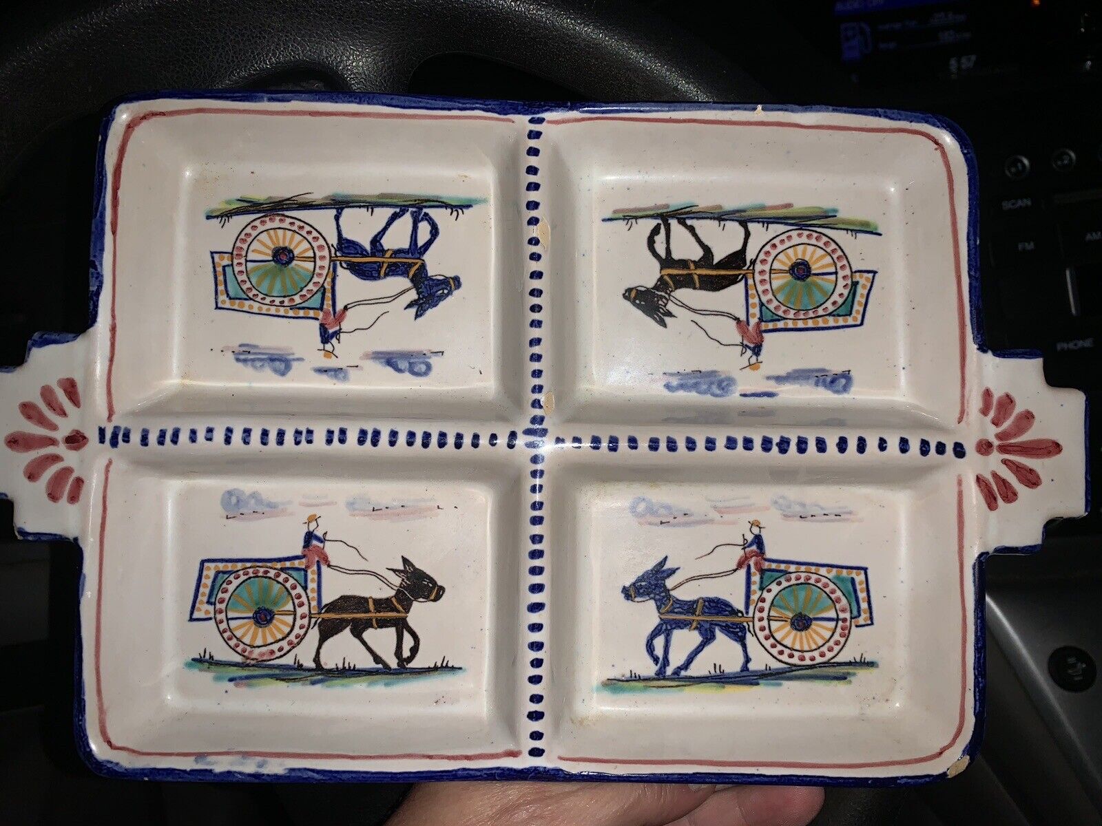 Vtg VANRO 8852 Ceramic 4 Section Tray With Handles Man On Cart Pulled By Donkey