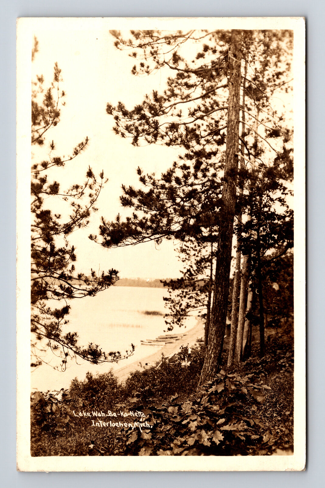 RPPC Lake Wah-Be-Ka-Netta Beach & Canoes Interlochen Michigan MI Postcard