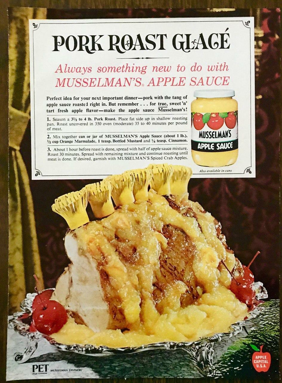 1965 Musselman\'s Apple Sauce Print Ad Pork Roast Glace Recipe