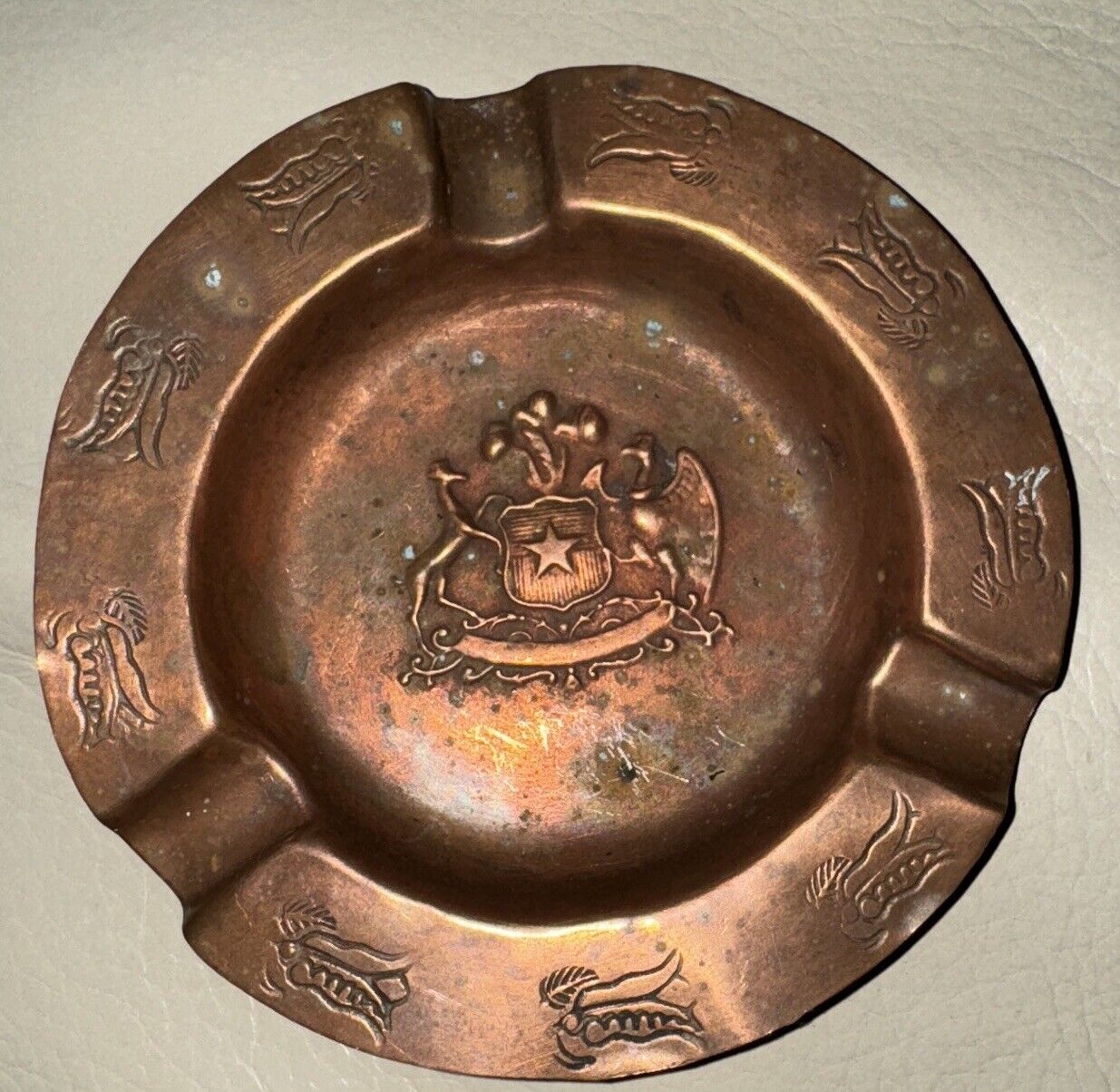 Vintage REPUBLIC OF CHILE CREST Small Copper Plate Ashtray