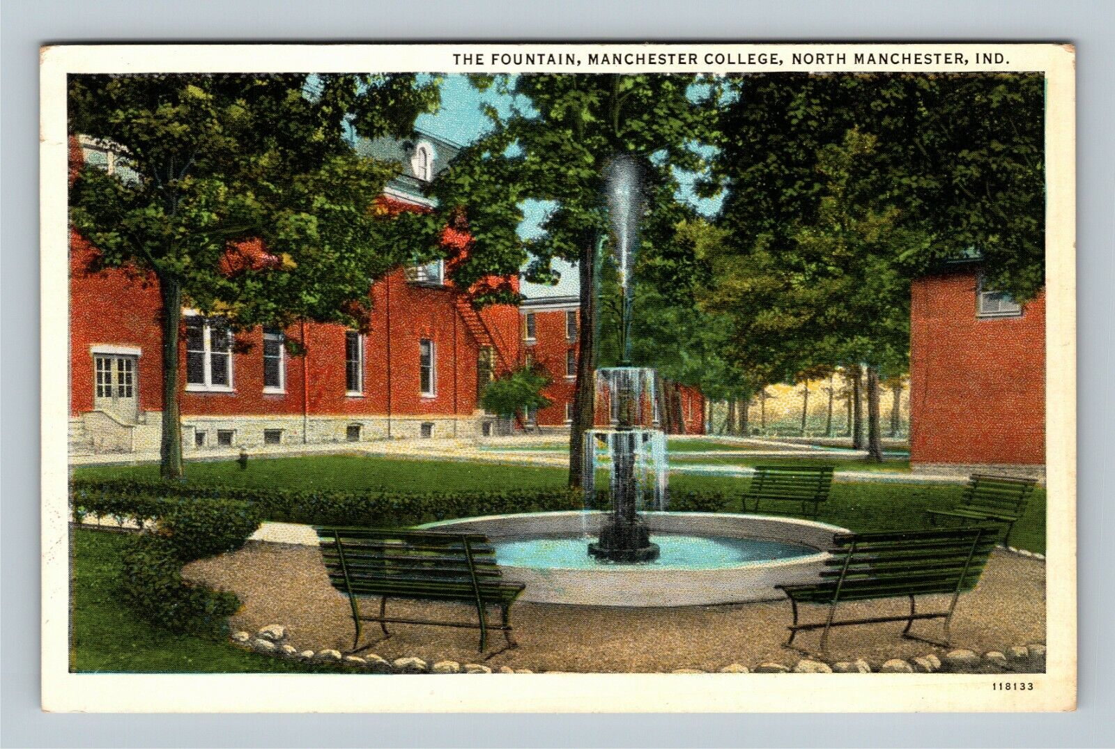 North Manchester IN, Fountain Manchester College Campus Indiana Vintage Postcard
