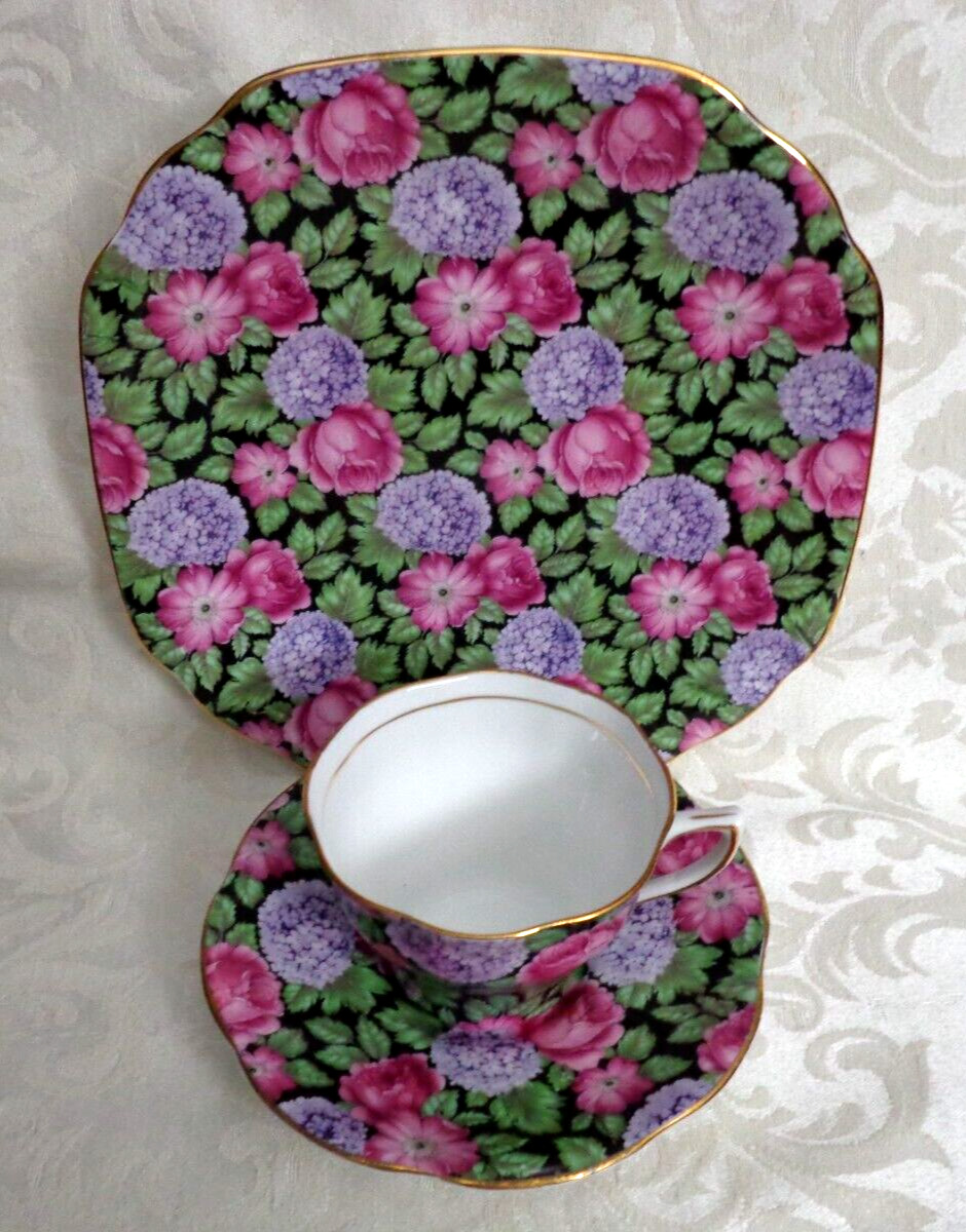 VTG. Rosina Pink Rose & Purple Hydrangea Chintz Teacup , Saucer & Plate  England