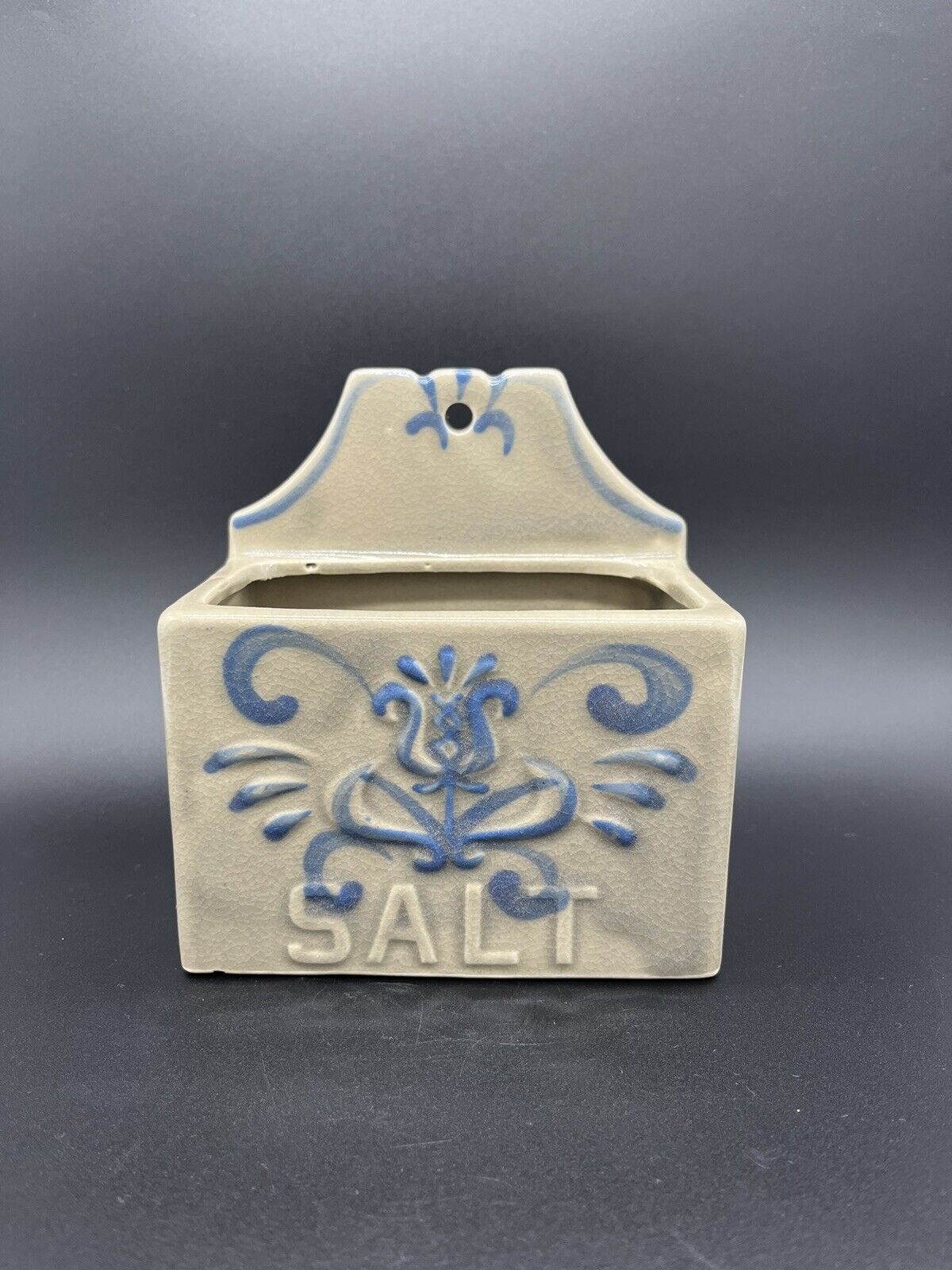 Vintage Inarco Ceramic Wall Mount Salt Box E4387 Gray & Blue Japan