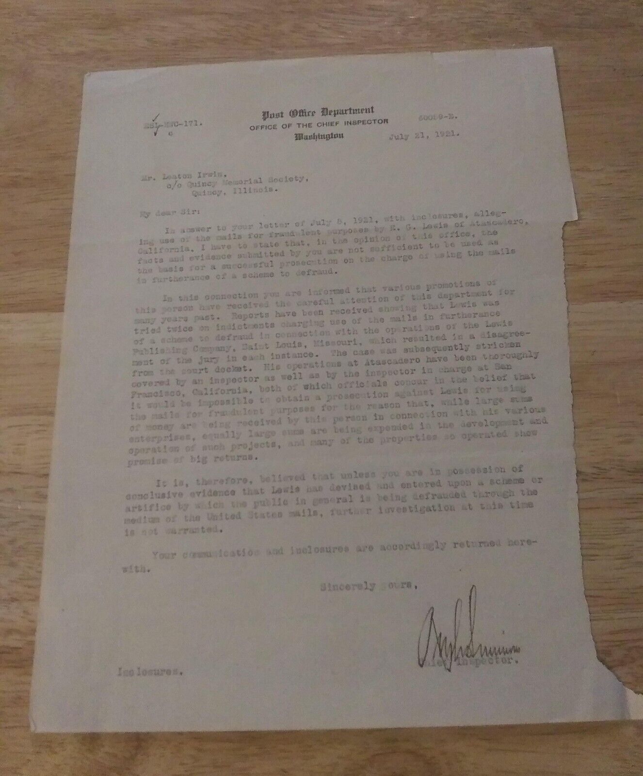 Signed 1921 Letter by Rush D. Simmons Chief Post Office Inspector