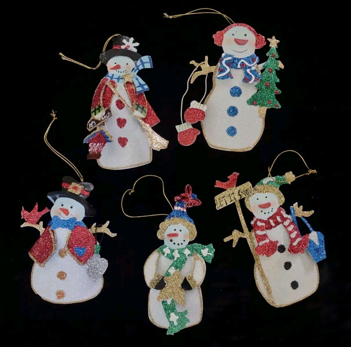 Five Metal Glitter Covered Snowman Christmas Ornaments