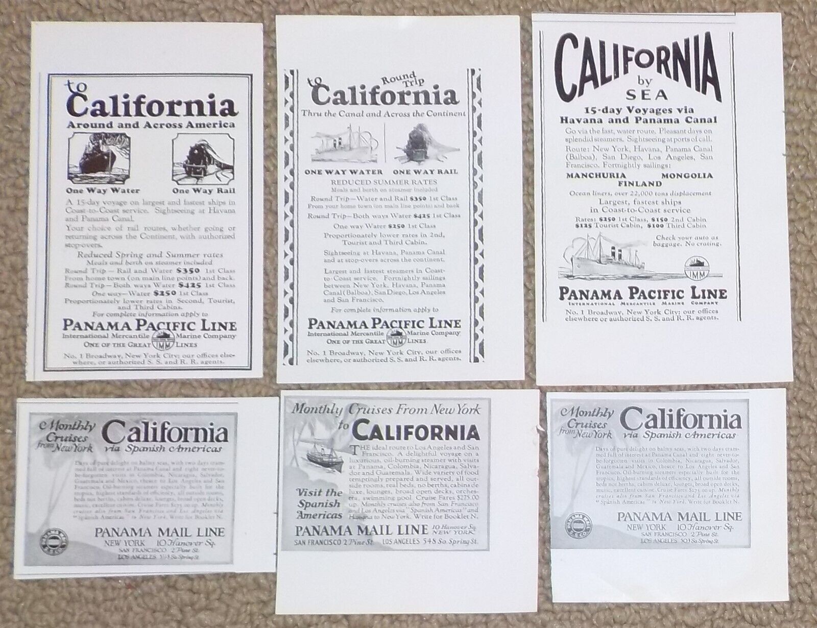 Lot of 6 - 1920s/30s CALIFORNIA Print Ads Panama Pacific & Panama Mail Lines B1C