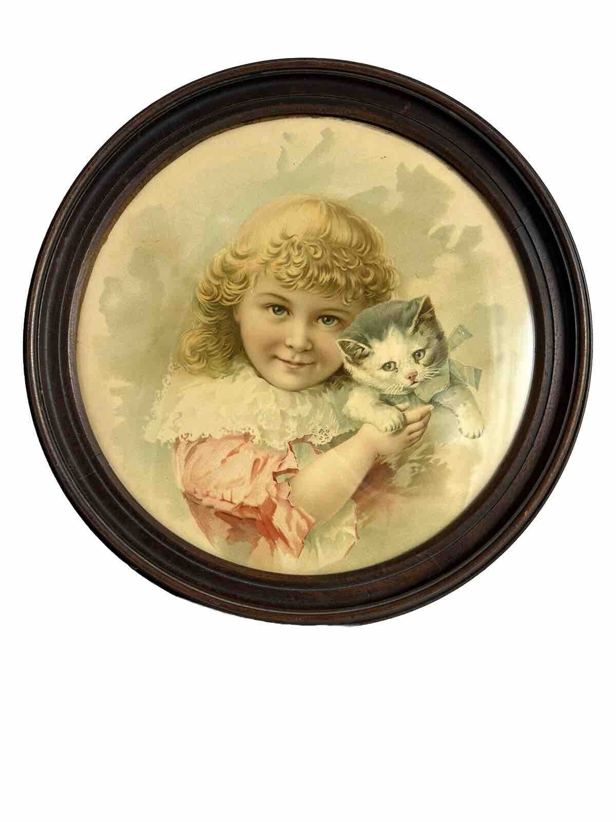 Round Antique Wooden Framed Portrait Blonde Girl Kitten 15\