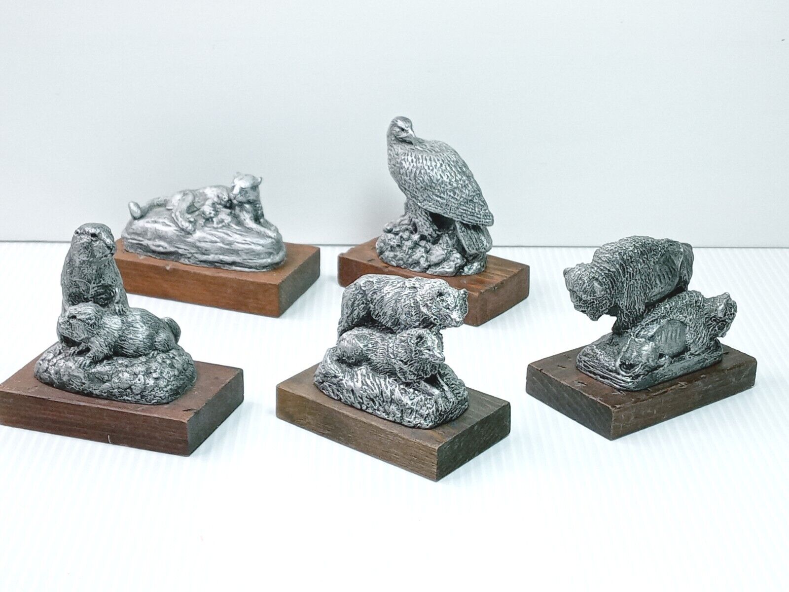  DEATON MUSEUM PEWTER WILD ANIMALS FIGURINES & WOOD BASE LOT OF 5