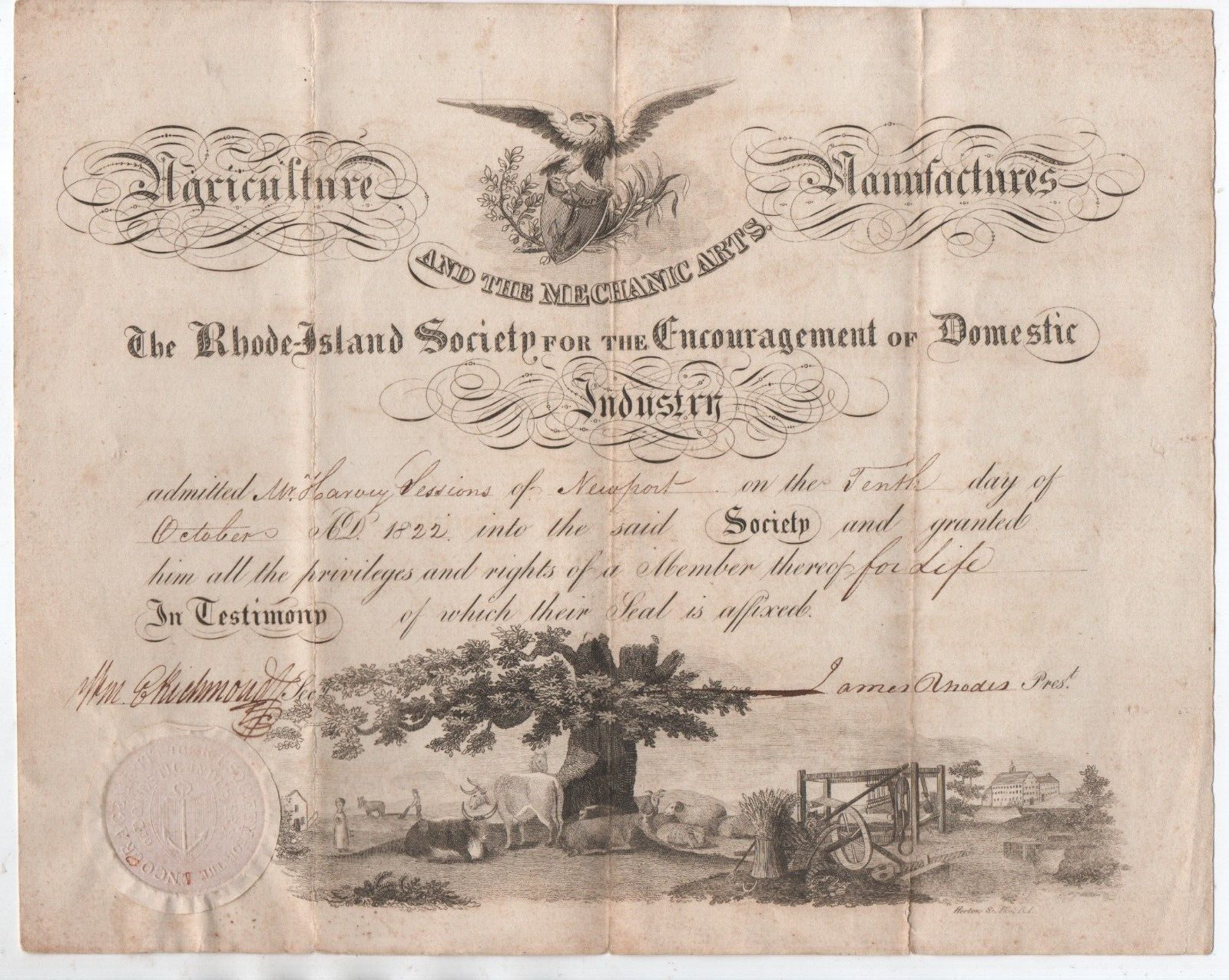 1822 Diploma Rhode Island Society for Domestic industry with American Eagle