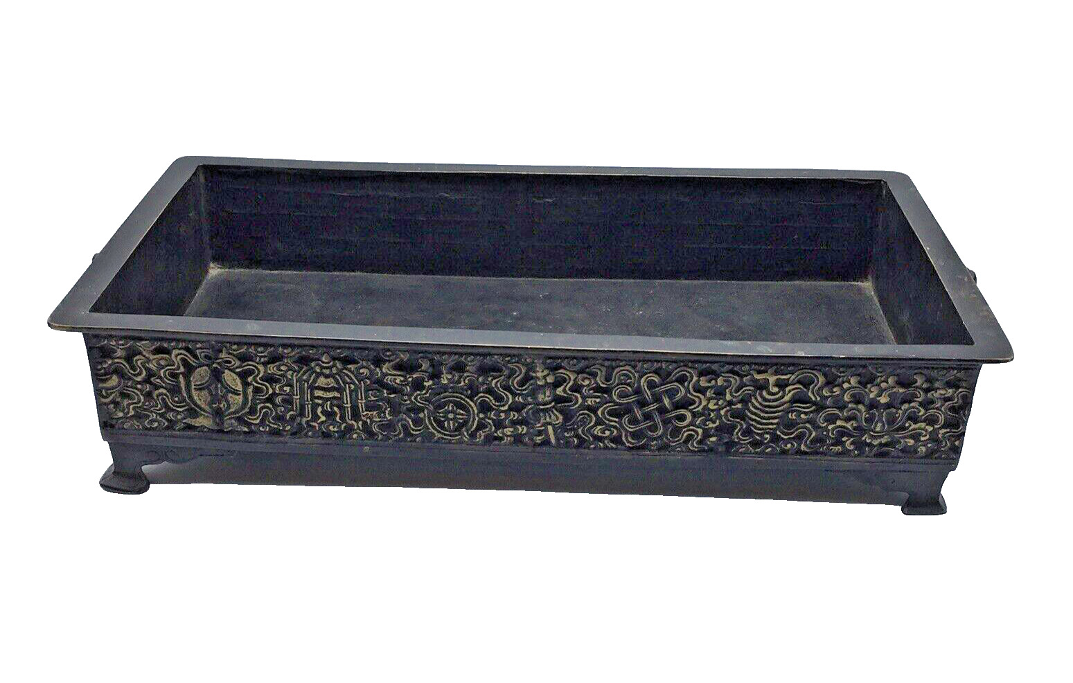 Japanese Signed Bronze Footed Bonsai Planter Tray Suiban w/ Elephant Handles