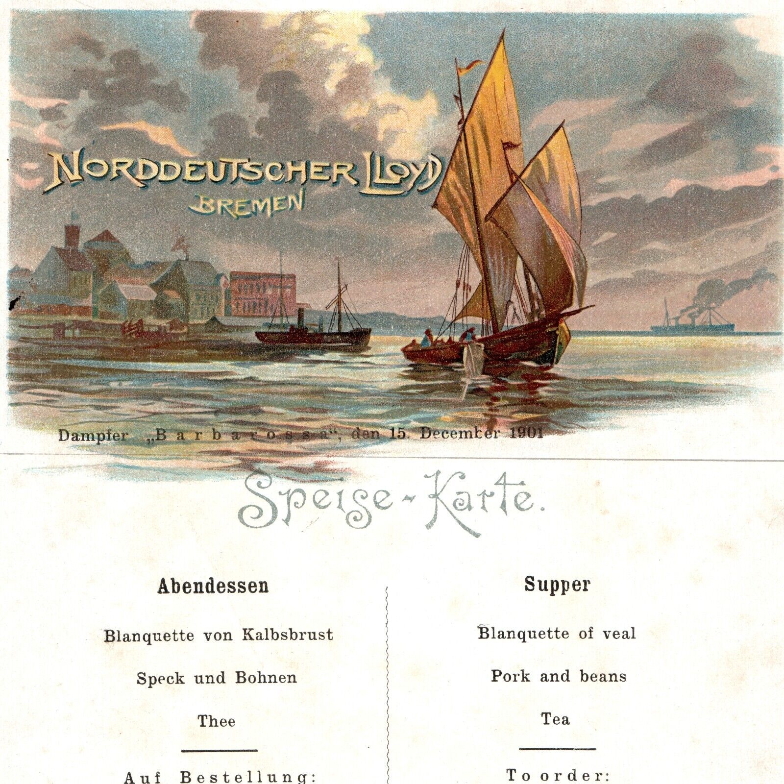 1901 Norddeutscher Lloyd SS Barbarossa Supper Menu Postcard Steamship Art 3U