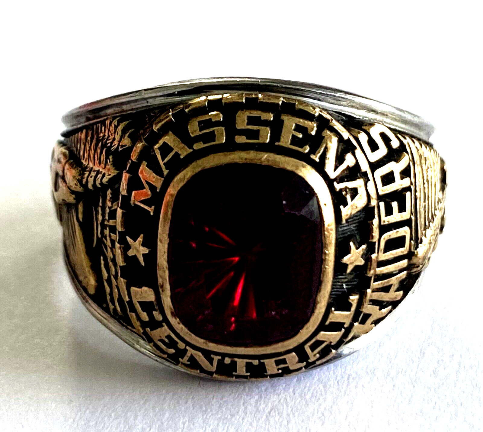 Massena Central High School Raiders Men\'s Class Ring 10K Top Red Stone Size 11.5