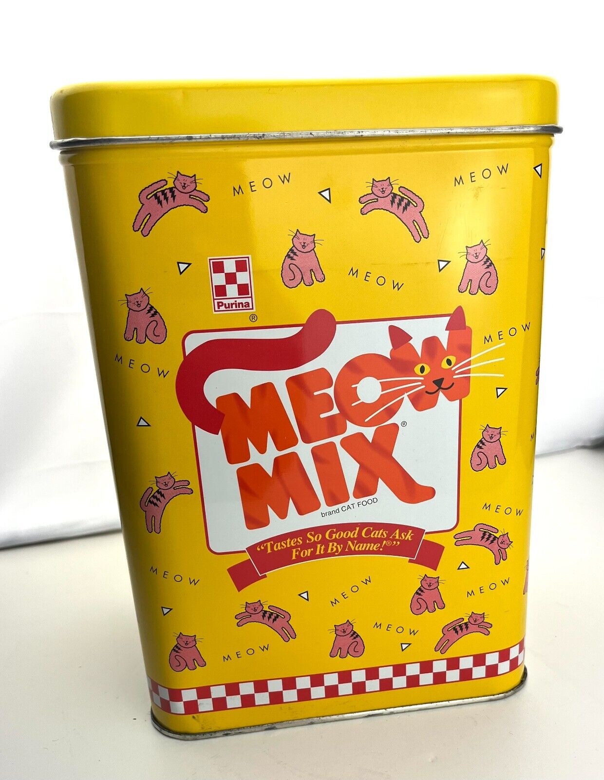 Purina MEOW MIX TIN Collectible 1996 Cat Food Canister Vintage Advertising