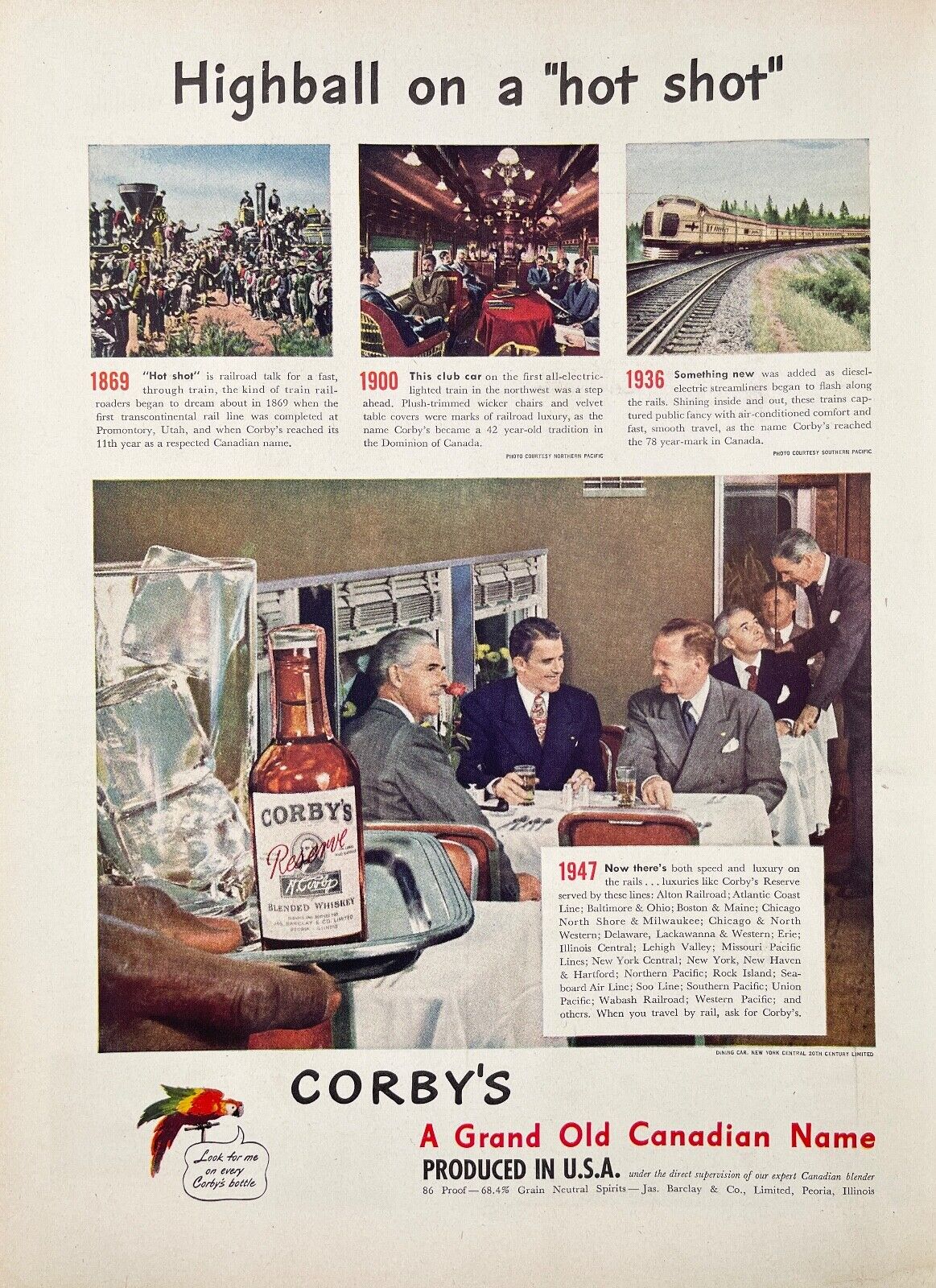 1947 Corby\'s Whiskey Highball Hot Shot Train Railroad Club Car Vintage Print Ad