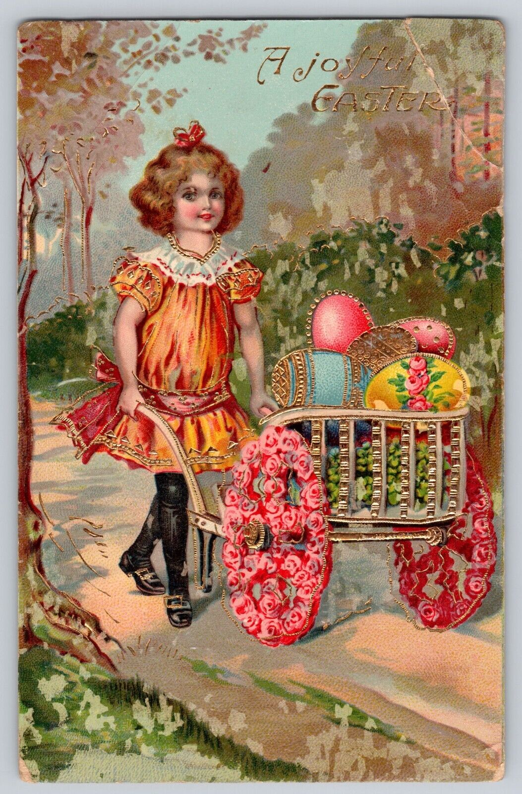 Postcard Easter Girl Pushing Card With Painted Eggs Flower Wheels Gold Gilt