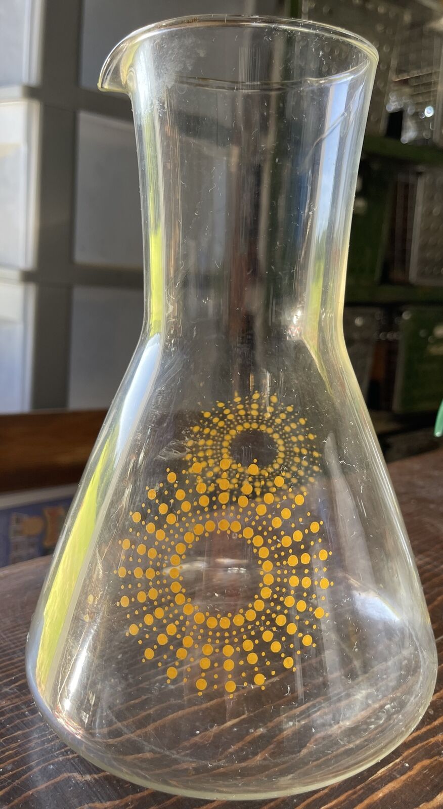 Vintage Pyrex Atomic Sun Yellow Dot Starburst Glass Carafe Juice Pitcher No Lid