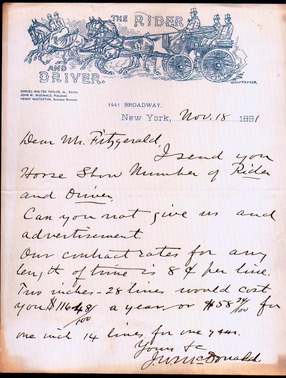 1891 New York - Rider & Driver - History Rare Letter Head Bill