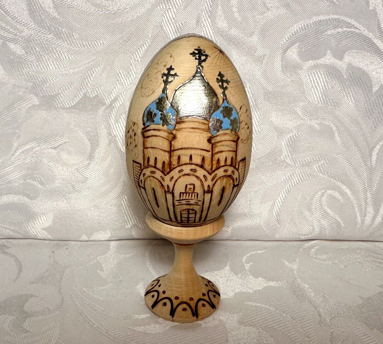 Vintage Russian Orthodox Church Egg on Stand Pedestal Hand Carved, Painted