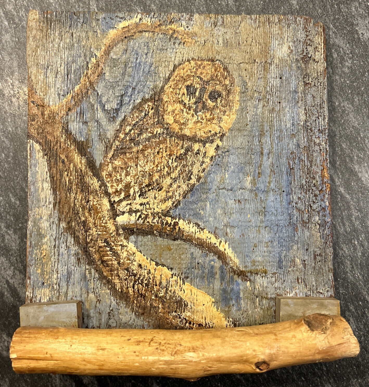Vintage Signed Owl Painting on Wood Barn Plank  11x12