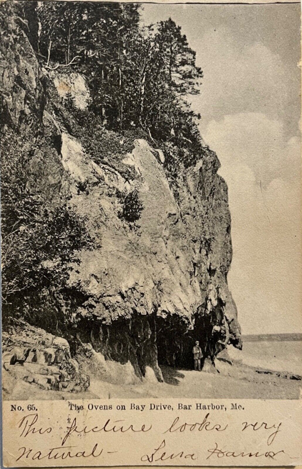 Bar Harbor Maine The Ovens on Bay Drive Man in Cave Antique Postcard 1905
