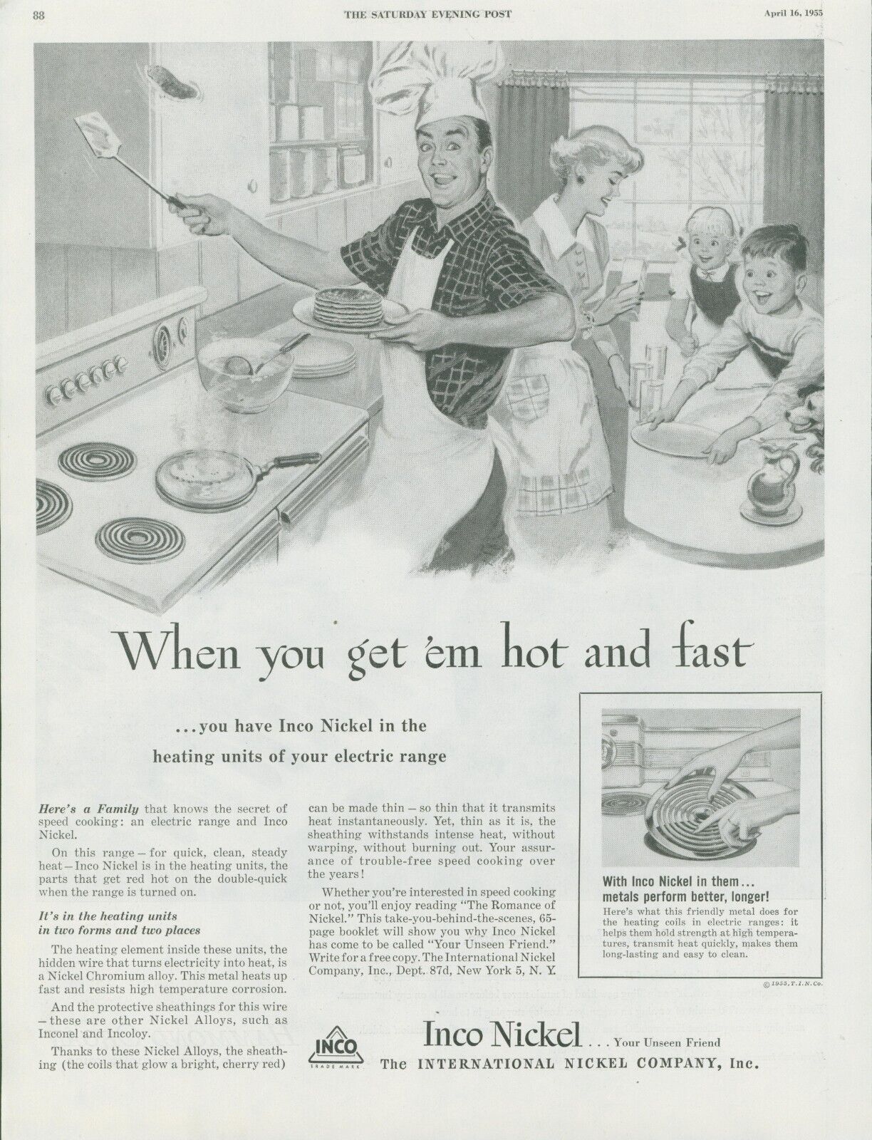 1955 Inco Nickel Dad Flipping Pancakes Heating Units Electric Range Ad SP22