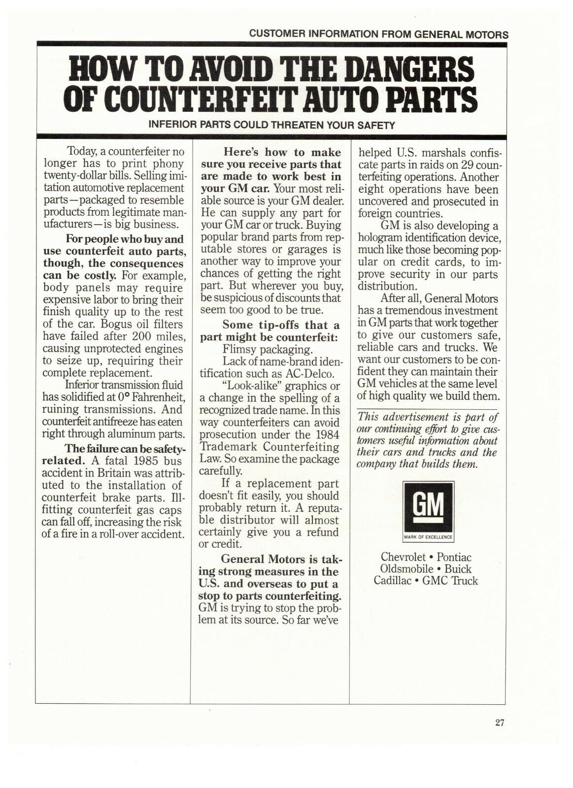 1986 GM General Motors Vintage Print Advertisement Avoid Counterfeit Auto Parts