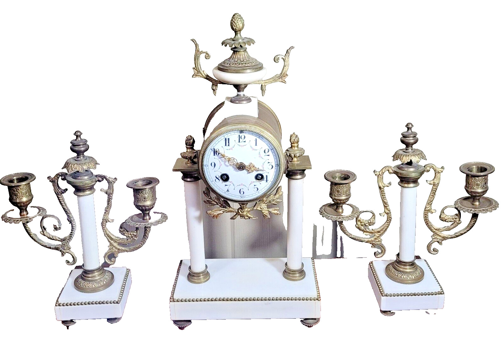 ANTIQUE 3 PC FRENCH MARBLE PORTICO CLOCK SET