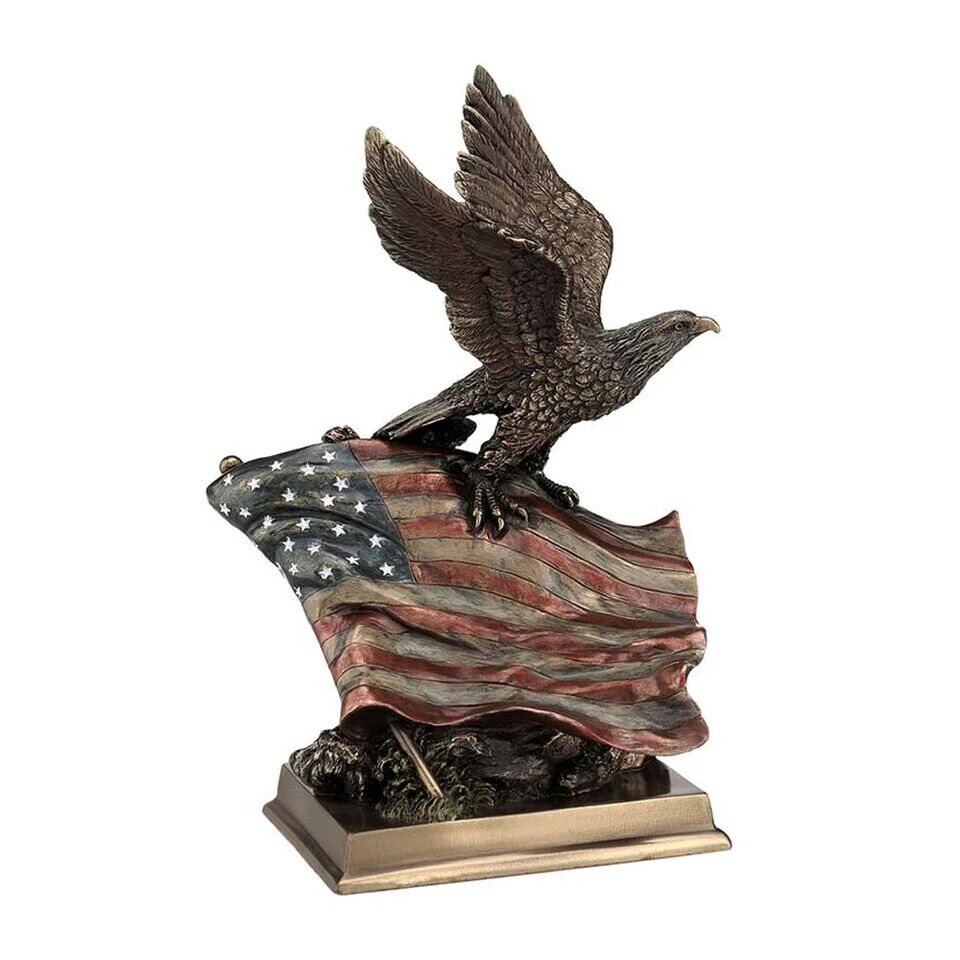 Bald Eagle with American Flag Old Glory Cold Cast Bronze Sculpture Statue 76583