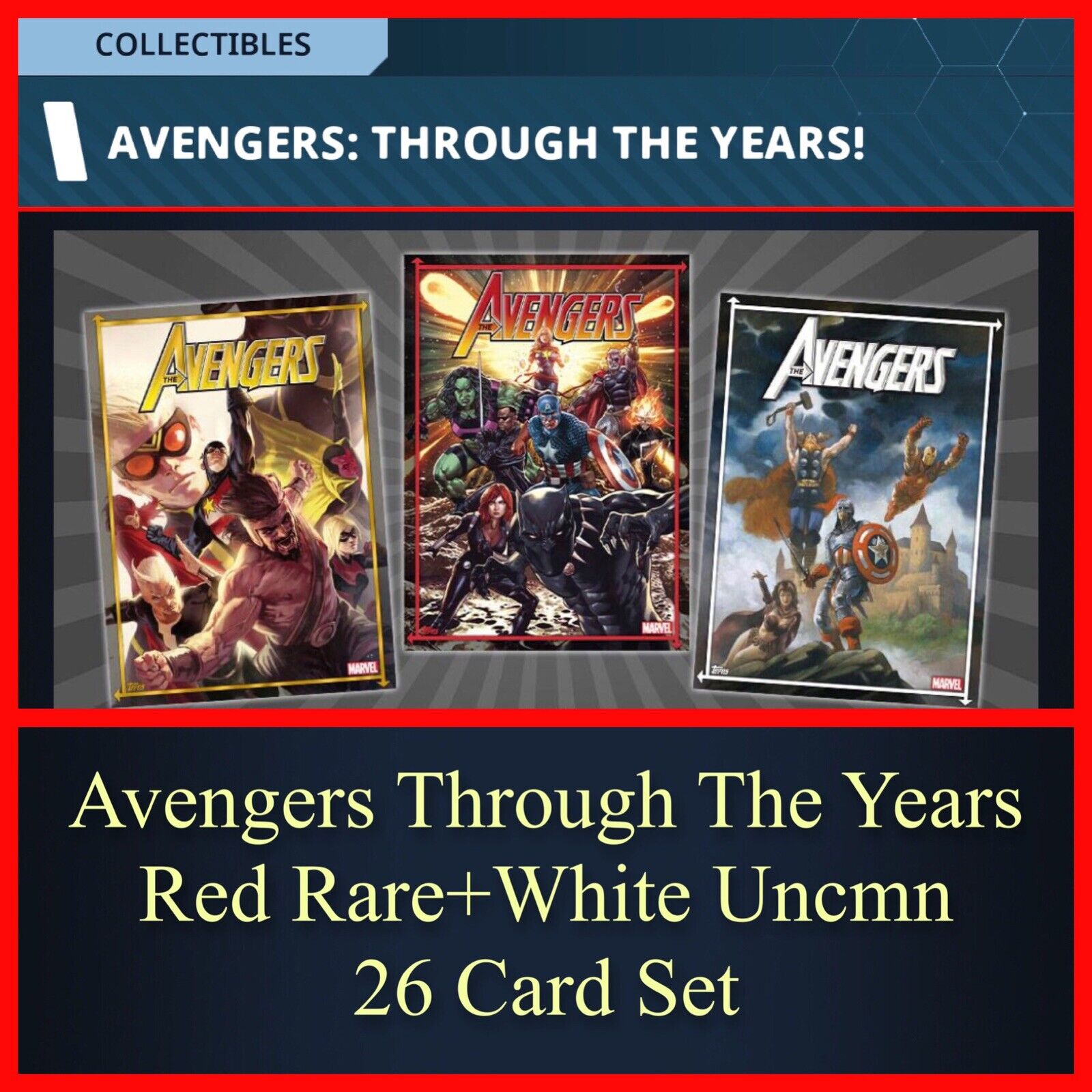 AVENGERS THROUGH THE YEARS-RARE RED+UNCM WHITE 26 CARD SET-TOPPS MARVEL COLLECT