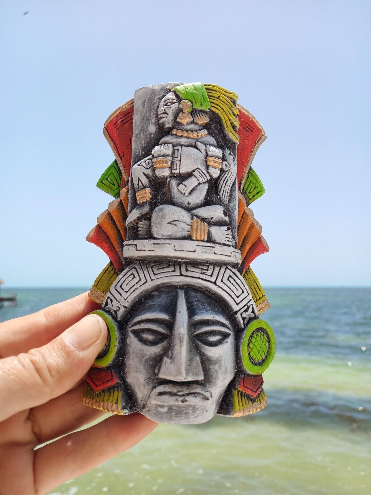 Handcrafted Clay Mayan Mask - Amor Eterno Design for your Friends 5.5-inch