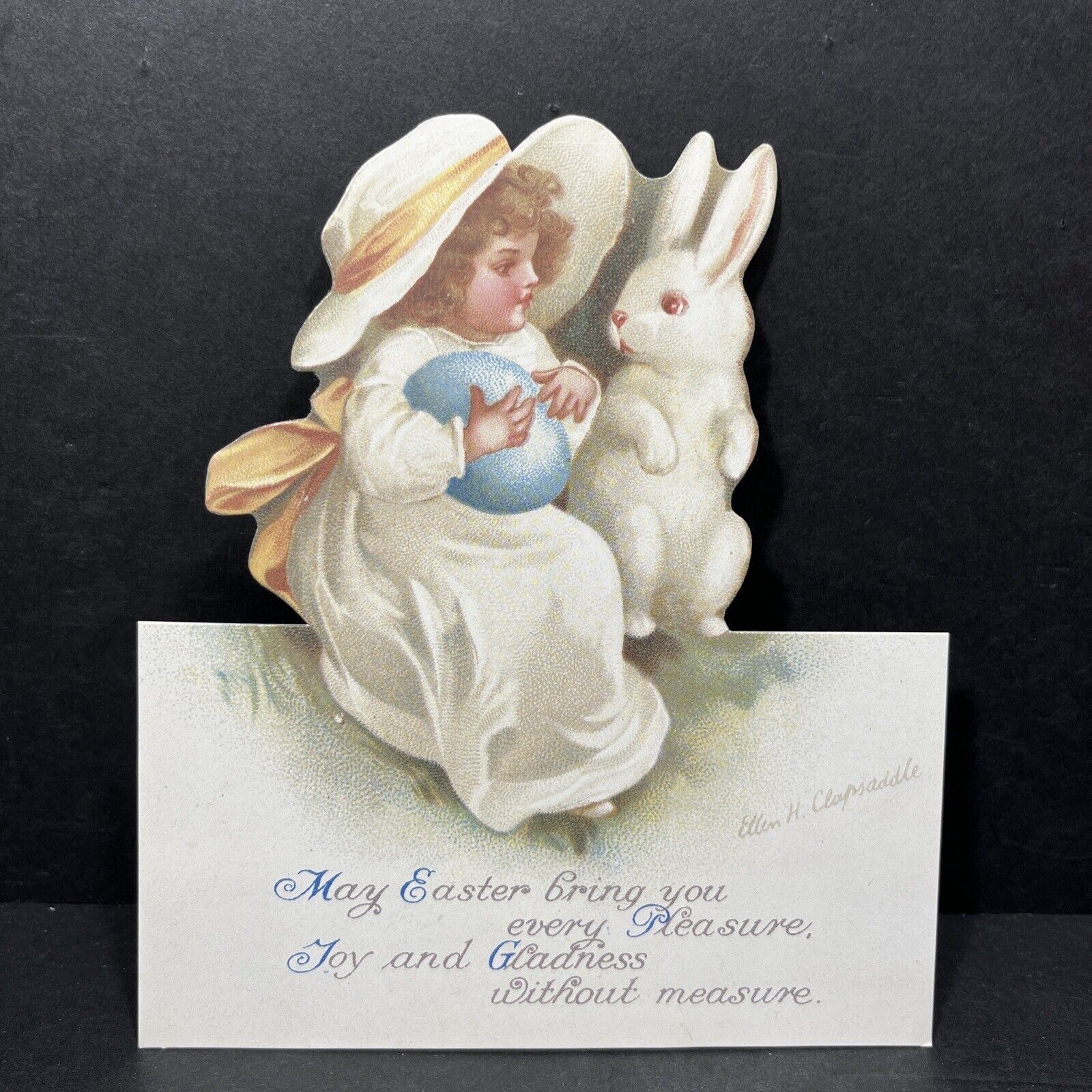 Vintage Clapsaddle Stand Up EASTER Card Young Girl Bonnet Bunny Blue Egg Unused