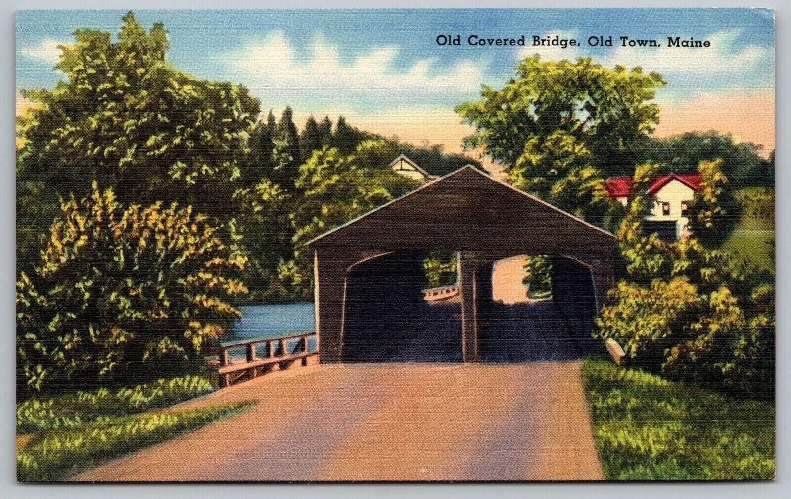 Old Covered Bridge Old Town Maine Scenic Landmarks Linen UNP Postcard