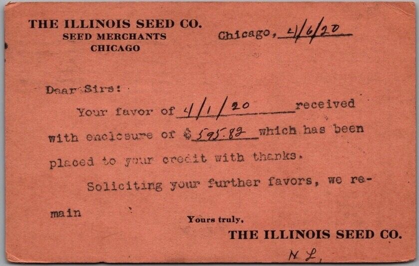 Vintage ILLINOIS SEED COMPANY Advertising Postcard Receipt Card / 1920 Cancel