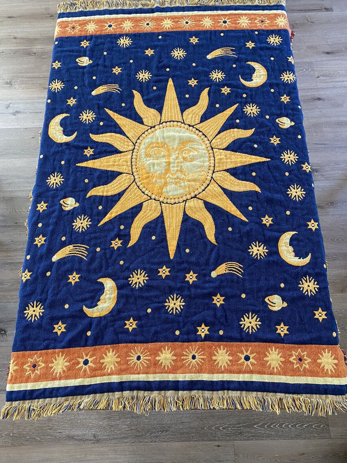 Vtg 90s Celestial Throw Blanket Sun Moon Stars Blue Yellow Reversible Tapestry