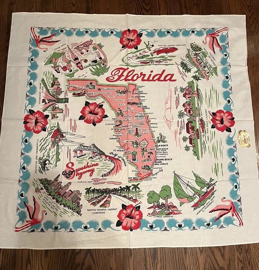 VINTAGE  1950s “SHERRY MIAMI” LABEL-‘FLORIDA MAP HAND PRINT  TABLECLOTH’ 49”x52”