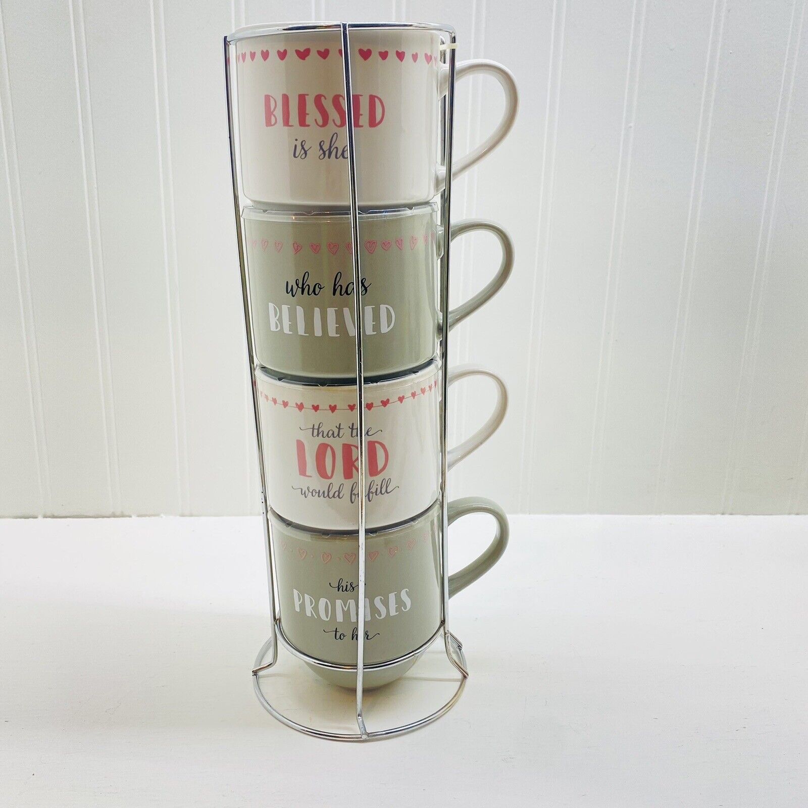 Stoneware Mugs Stacking With Metal Stand White Green Set Of 4