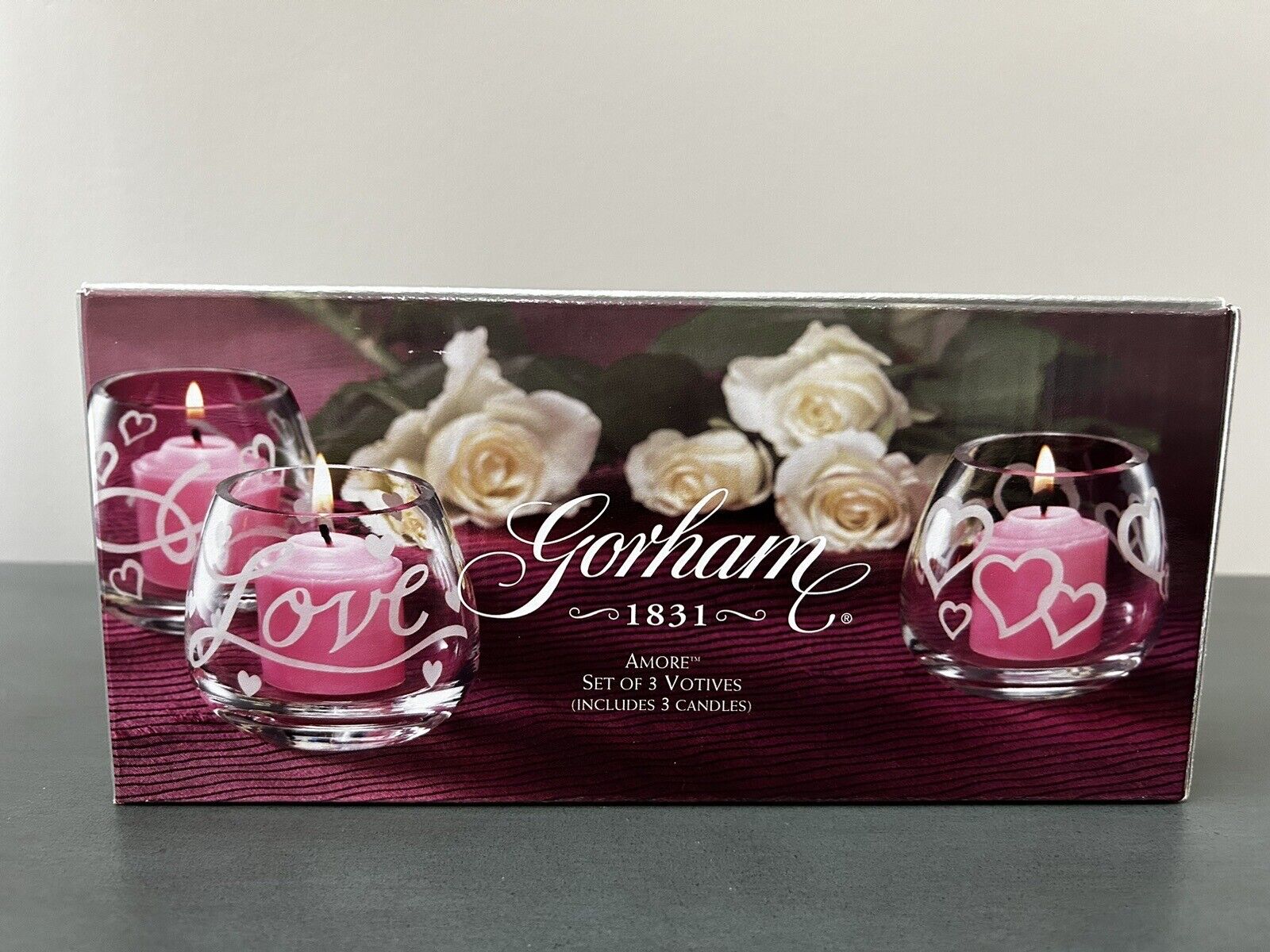 GORHAM 1831 VALENTINE Amore VOTIVES Love Hearts Set of 3, ORIGINAL BOX w/CANDLES