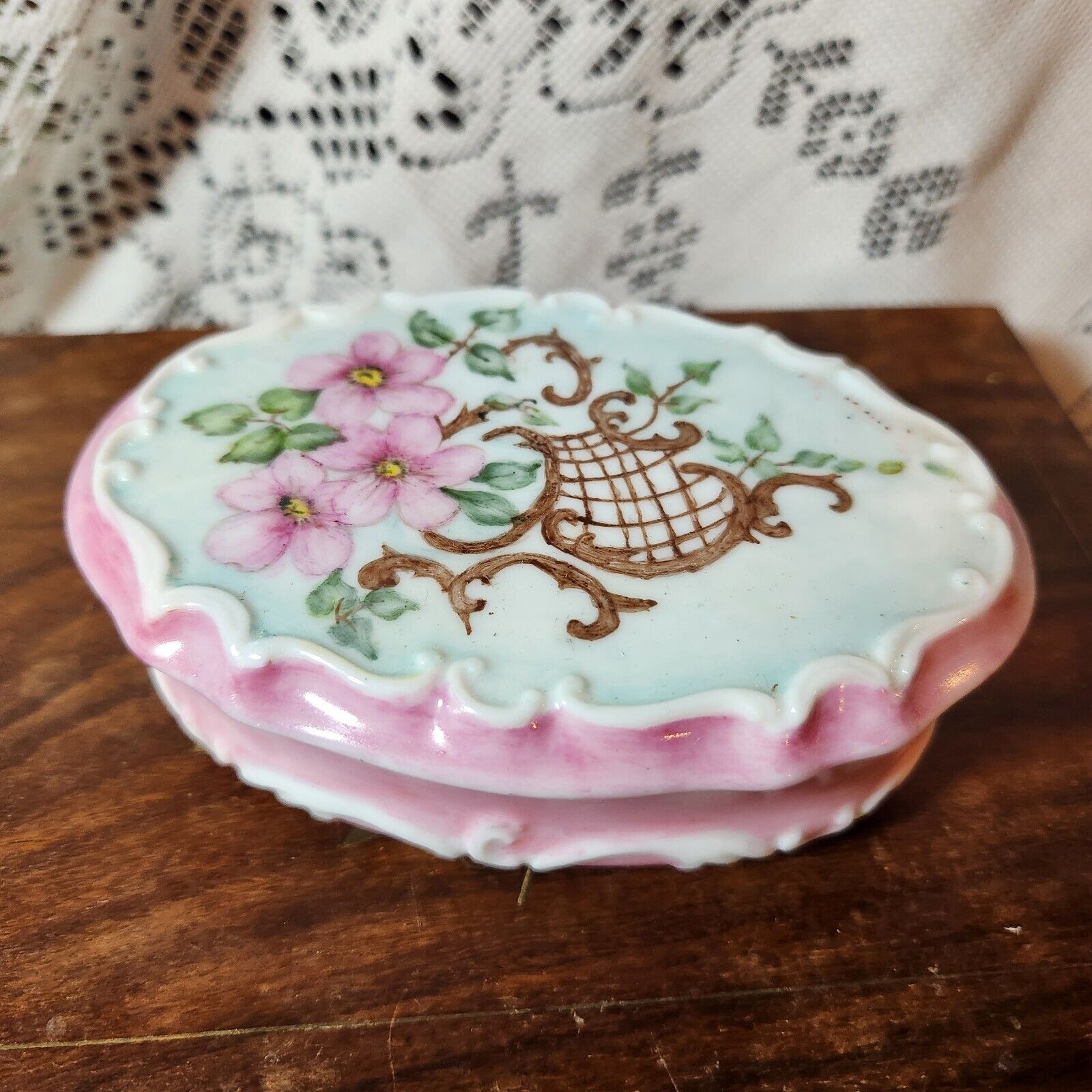 Vintage Hand Painted Oval Trinket Box Pink Flower Brown Scrolls Swirls Signed 