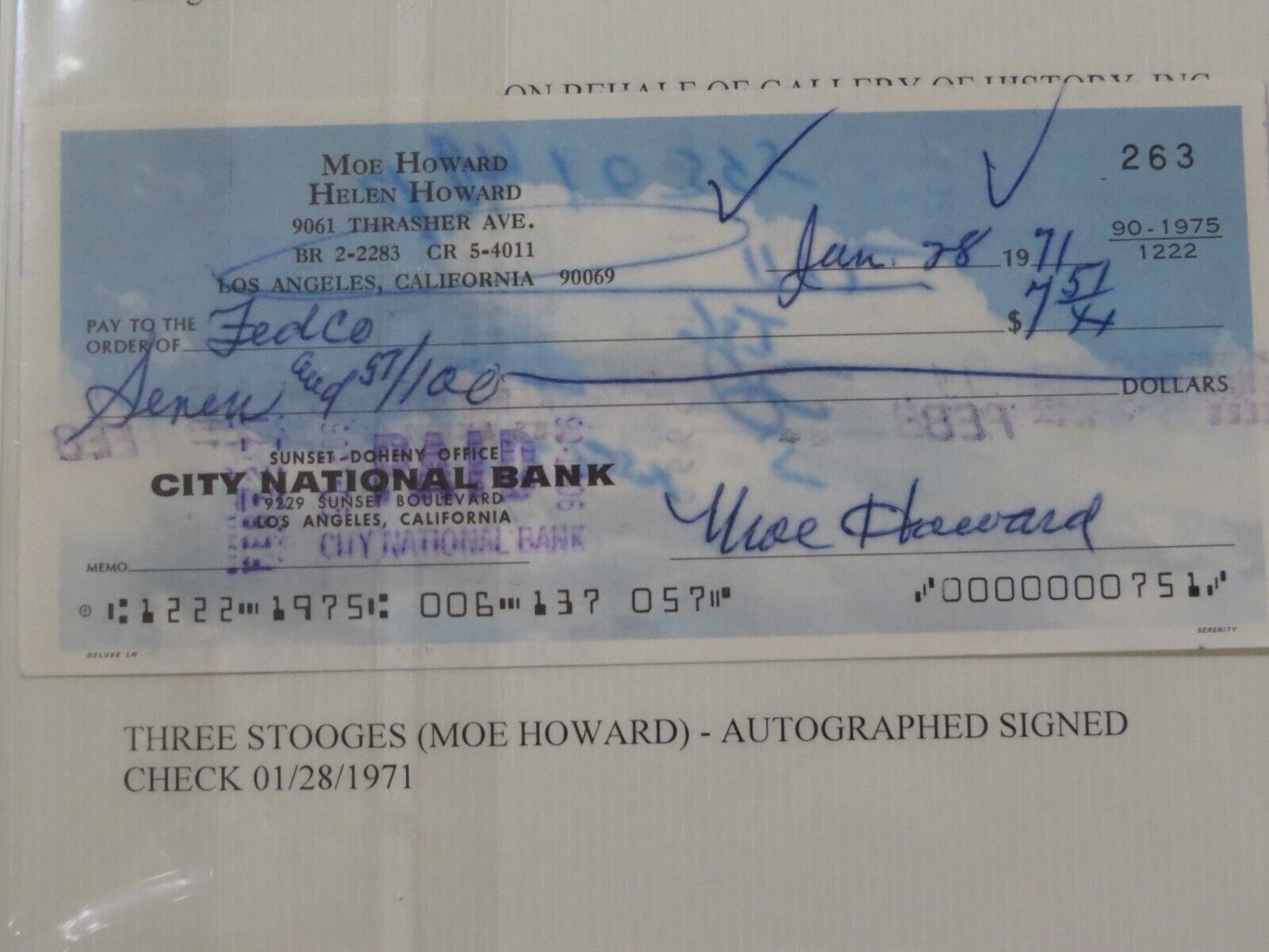 Moe Howard Three Stooges Signed Bank Check Autograph with Gallery of History COA