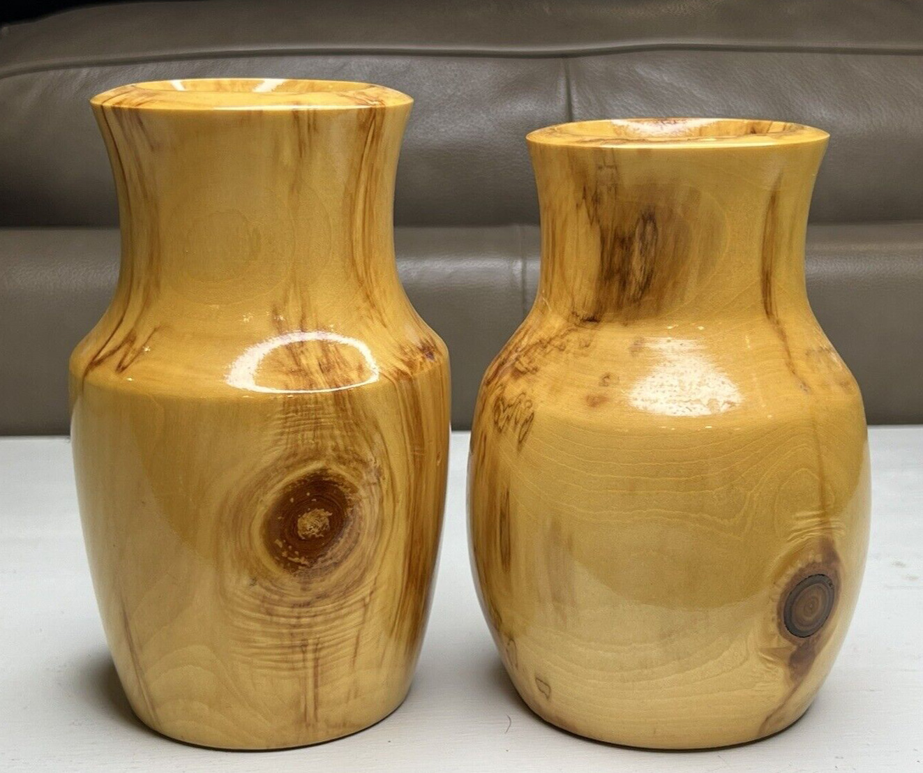 Pair Aspen Wood Hand Carved Vases 1980s Signed by Artisan Gary Duncan