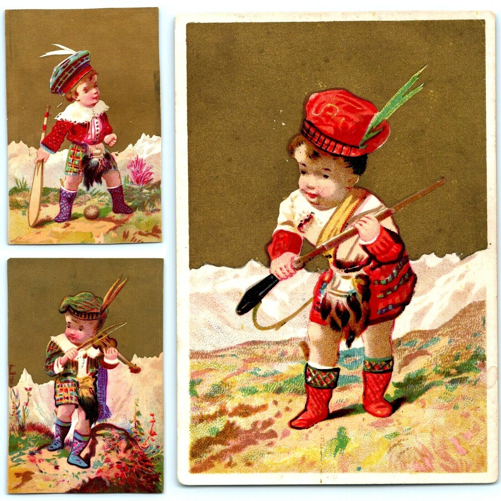 x3 LOT 1880s Boy European Dress English Plaid Kilt Violin Rifle Trade Card C15