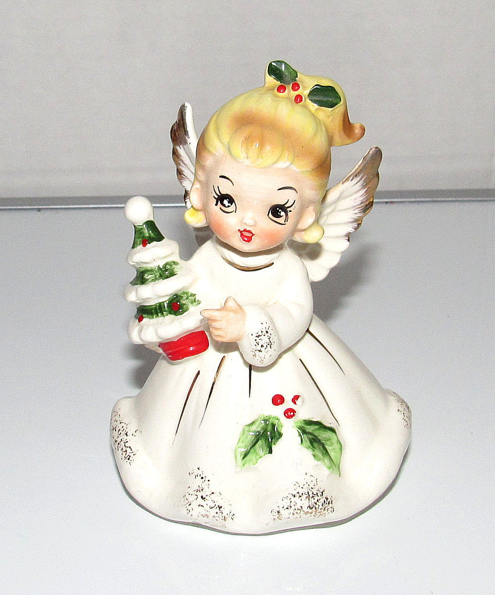 Vintage Josef Originals Christmas Angel Figurine Holly Berry Christmas Tree