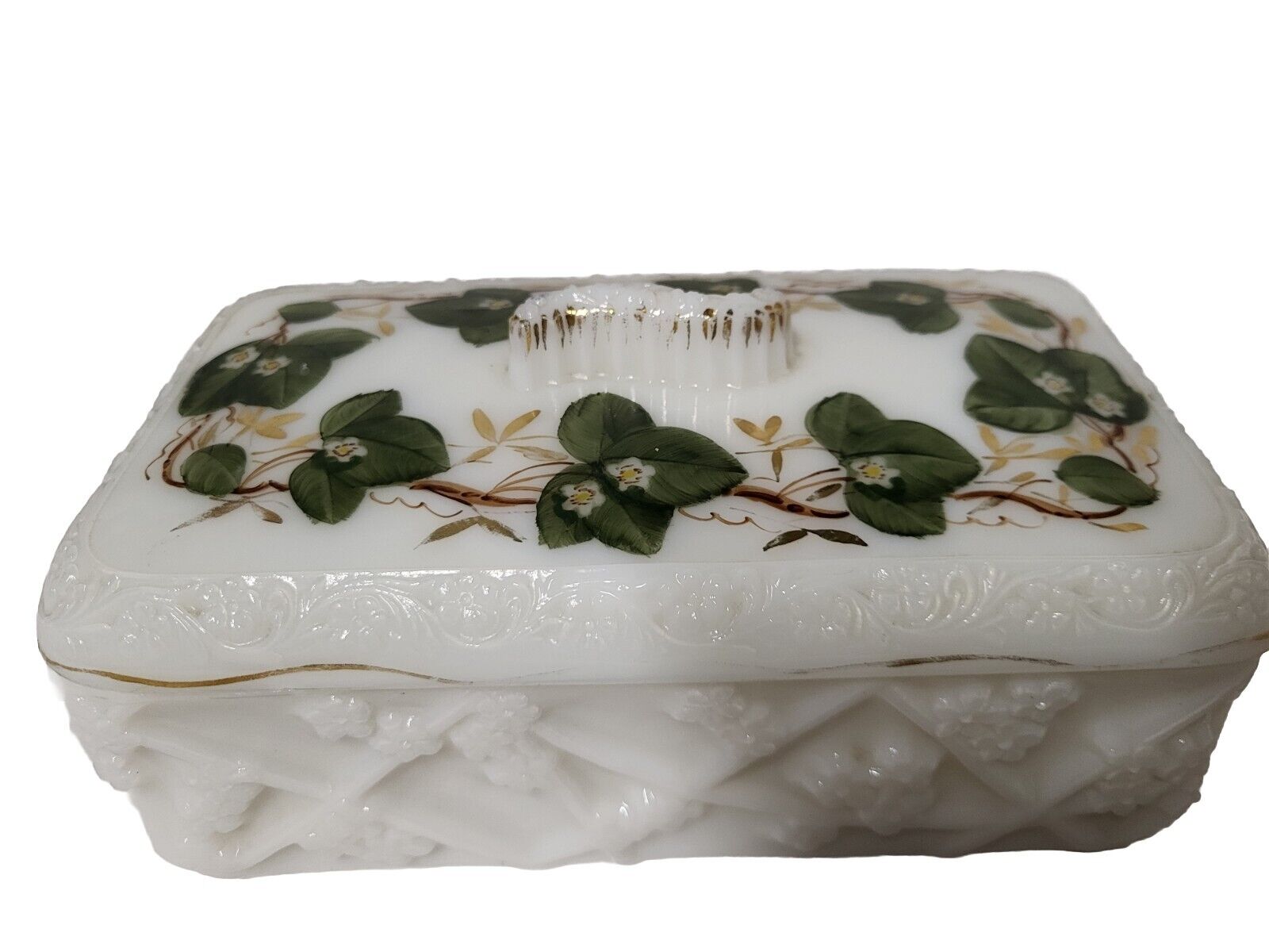 Lg Antique Handpainted Quilted Ivy Gold Trim Floral Milk Glass Vanity Glove Box 