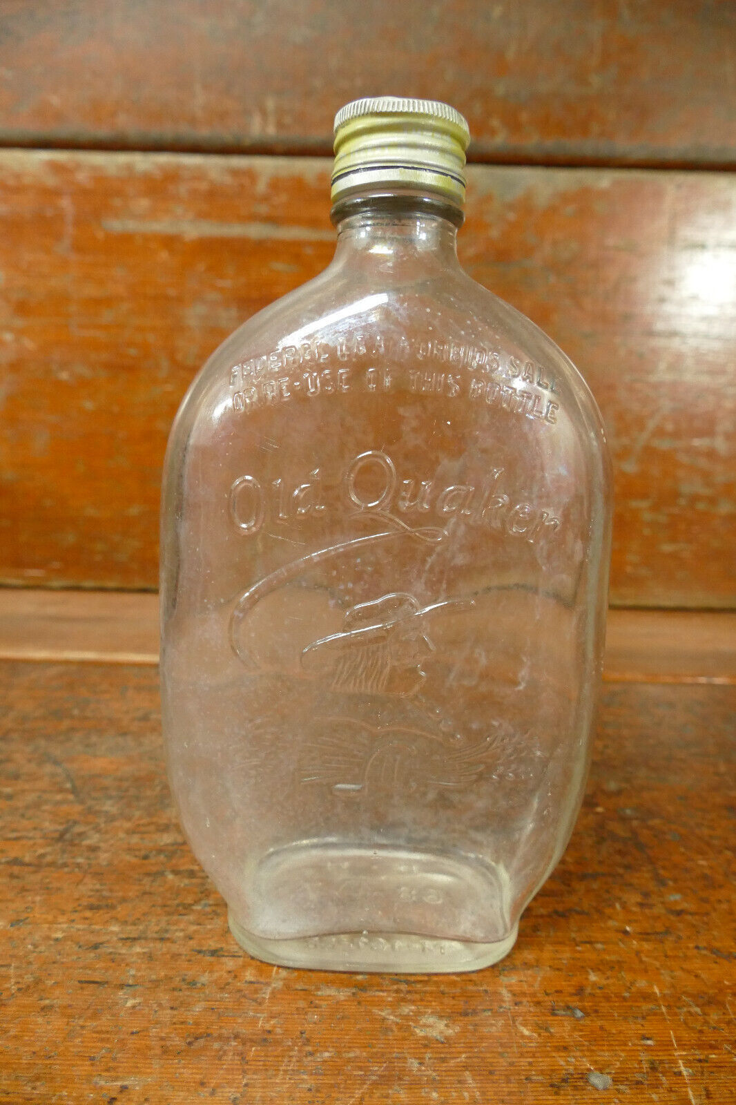 Vintage Antique Old Quaker Whiskey Bottle  Embossed Glass - Empty