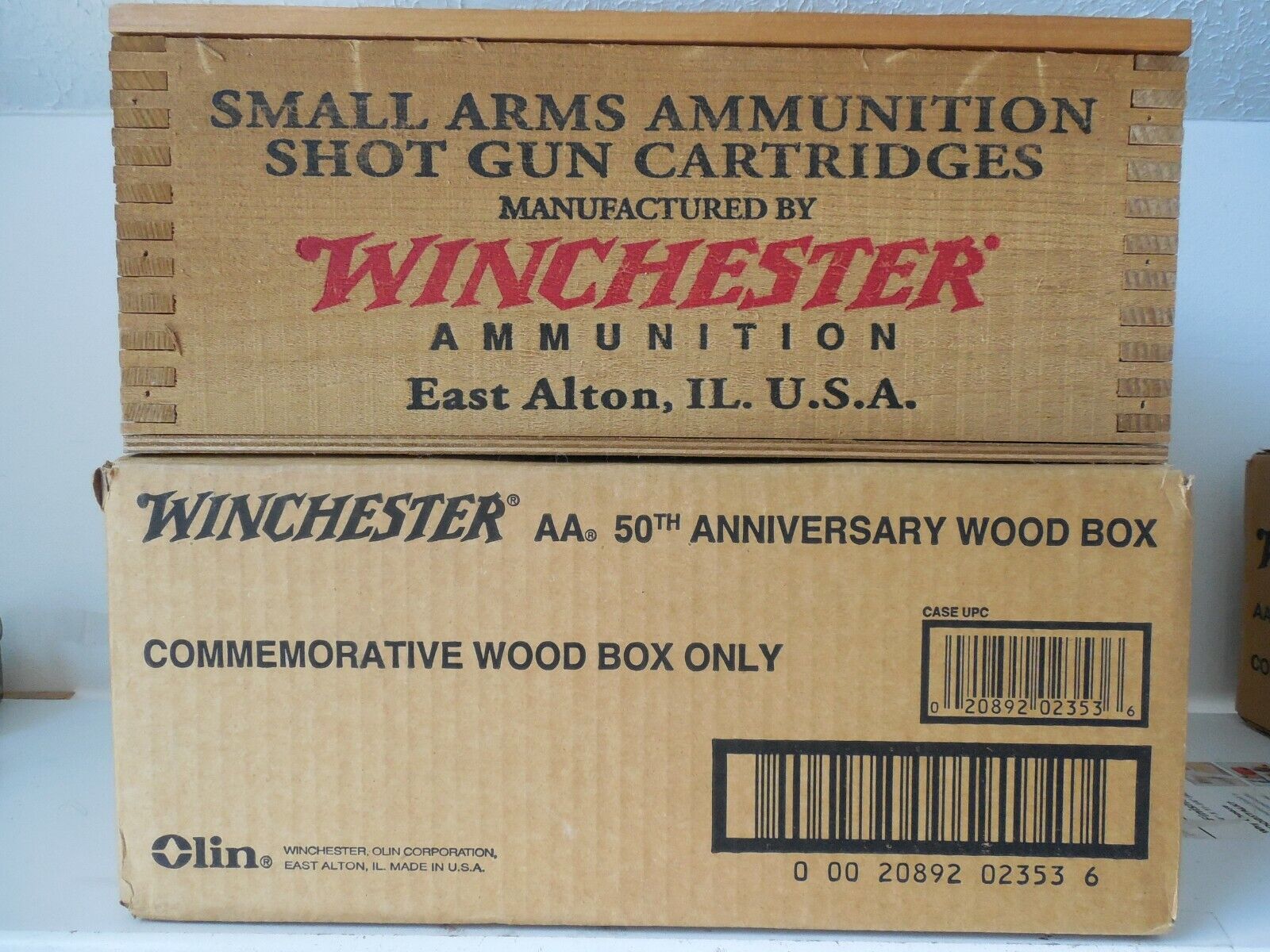 Winchester 50th Anniversary commemorative wood box in original cardboard box